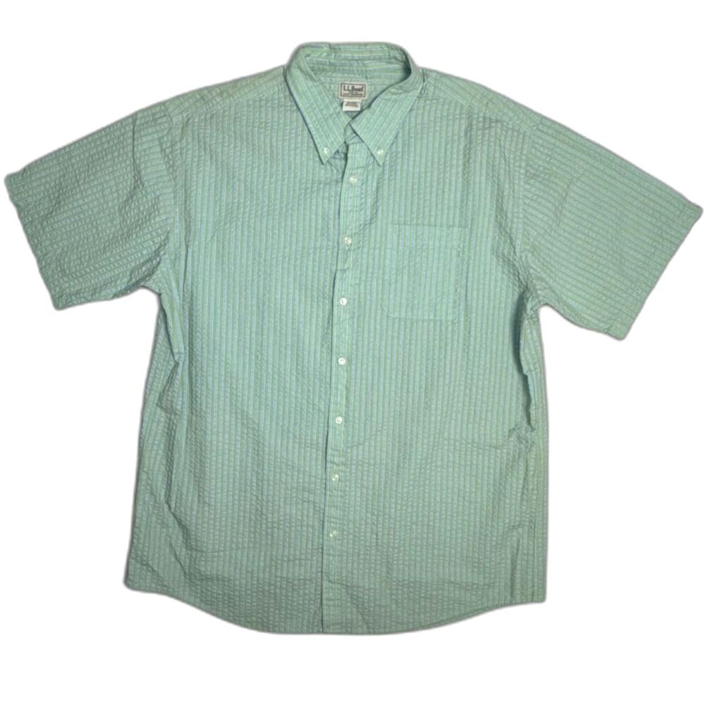 L.L. Bean Green Seersucker Short Sleeve Button-Down Coastal Grandpa Preppy XL